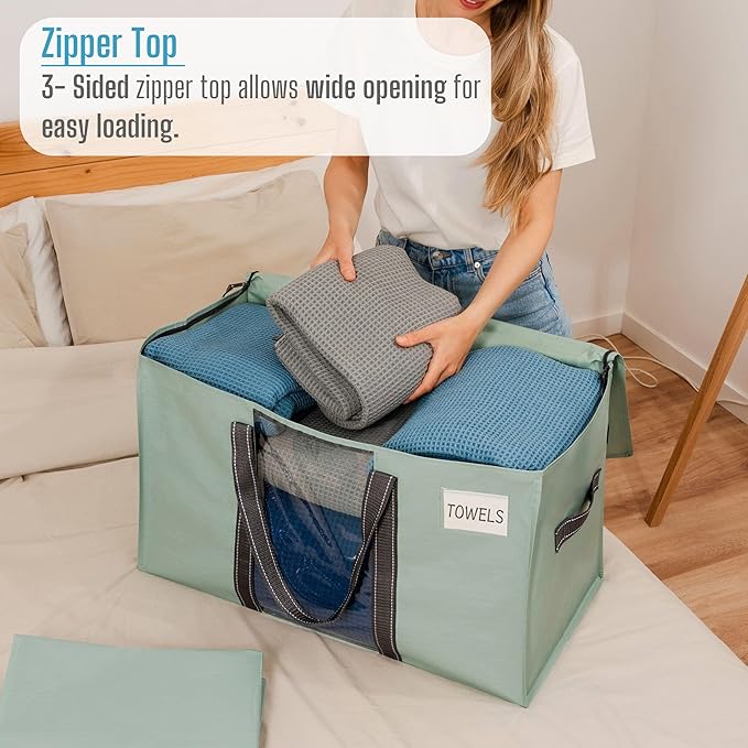 VENO 4 Pack Moving Bags with Clear Window, Heavy Duty Storage Bins with Lid, Around Handles, Tag, Zippers, Extra Large Totes Packing Moving Boxes Supplies for College Dorm Clothes (Light Green)