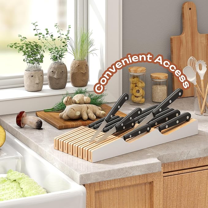 In-Drawer Knife Block Organizer - Bamboo Wood Drawer Knife Organizer-Protecting Knife Organizer Block (Not Included) (White, 15 Knives Dock)