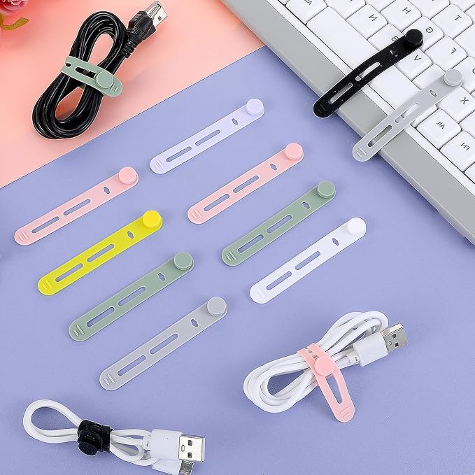 21 PCS Silicone Cable Ties Reusable Data Cable Organizer Silicone Ties Cord Keeper Organizer for Office, Multipurpose Elastic Cables Wire Tie for Bundling Fastening Earphone Phone Charging Cords