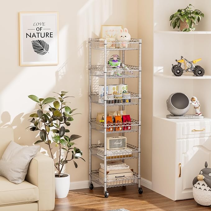 SINGAYE 6 Tier Shelf Wire Shelving Adjustable Storage Shelves Basket Rack | Adjustable Shelves with Wheels Metal Storage Unit Closet Bathroom Organizers Pantry Kitchen Garage Laundry Room Gray