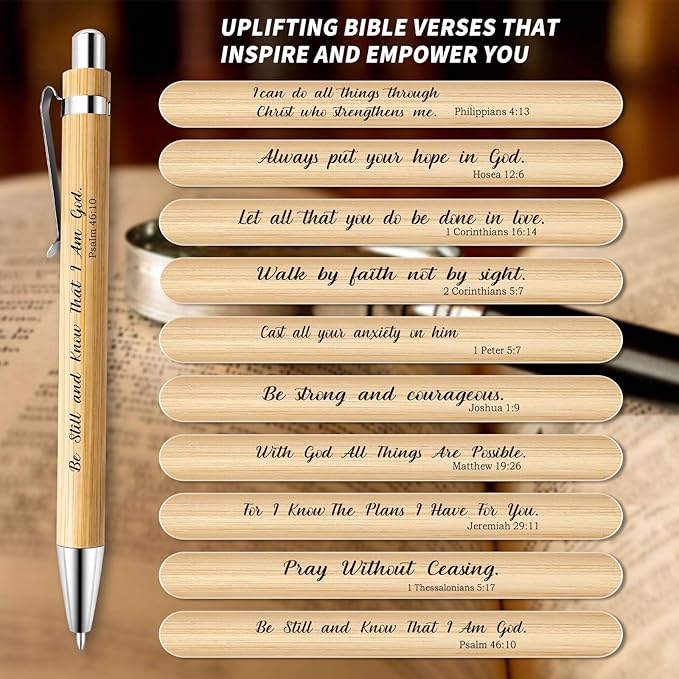 50 Pcs Bible Verse Pens Christian Gifts Bulk Bamboo Christian Pen 1 mm Inspirational Bible Scripture Pens for Women Men Office Back to School Religious Gifts (Classic, 50)