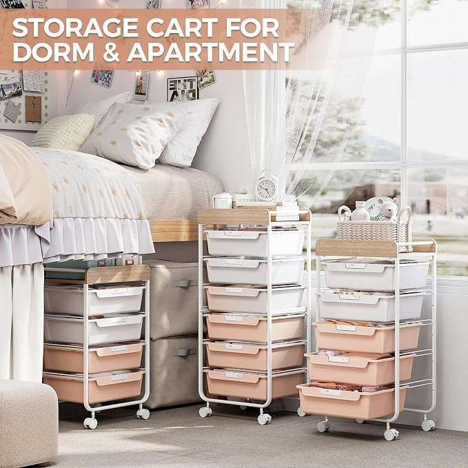 SYKIARIOL Rolling Storage Utility Cart with 4 Drawers,Kids Craft Art Cart,Makeup Organizer and Storage with Wooden Tabletop,Pearl