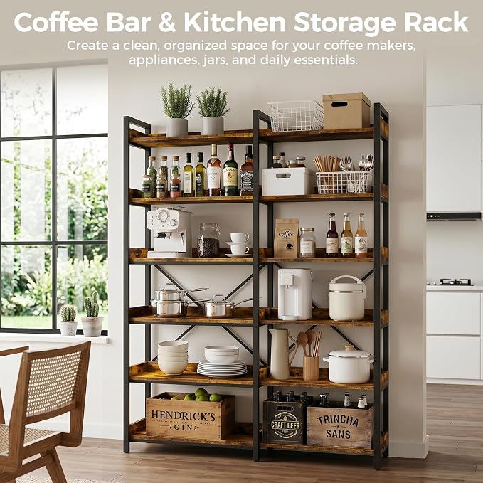 GTPLAYER 6-Tier Corner Bookshelf, L-Shaped Metal Frame Shelf with Tall 14" Shelves, Plant Stand and Storage Rack for Small Spaces, Living Room and Home Office, Vintage Brown