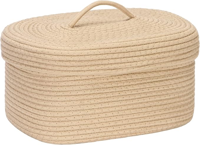 Sea Team Oval Cotton Rope Storage Basket with Lid, Lidded Woven Storage Bin, Nursery Storage Container, Diaper Caddy, Baby Shower Basket, Box, Organizer, 15 x 11 x 6.5 Inches (Medium, Khaki)