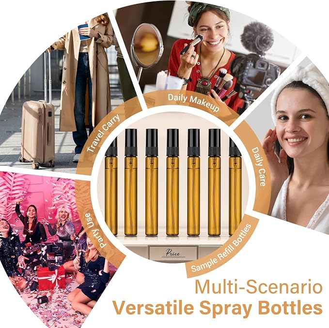 21 Packs Mini Glass Spray Bottles, 10ml Empty Amber Glass Perfume Atomizers | Bulk Refillable Fine Mist Perfume Containers,Travel-size Sample Spray Bottle for Perfume, Essential Oils (Black Caps)