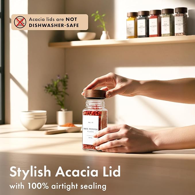 EDELHAUS Glass Spice Jars with Label, 24x Acacia Wooden Lids - White Labels | Airtight Lids keep spices fresh, Kitchen Spice Drawer Organizer, 4oz Seasoning Containers incl. Funnel, Brush & 240 Labels