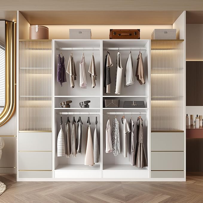 VOWNER 25'' Freestanding Closet System Walk-in Wardrobe Closet Tower | White Shelves with 2 Hanging Rods, Modular Expandable Open Closet Organizers, Clothes Garment Rack for Small Closet