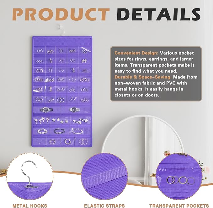 Hanging Jewelry Organizer, Double-Sided Necklaces Holder, Purple | 42 clear pockets organize rings & earrings; 36 wire necklace hooks reduce tangles; top hook hangs in closets, walls or doors.