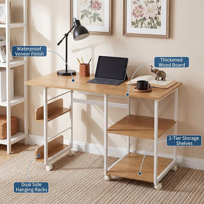 Garvee Folding Desk with Wheels, 31.5" Foldable Computer Desk with Storage Shelf, Space Saving Rolling Home Office Desk for Small Spaces, Portable Writing Table with Side Organizer, Oak