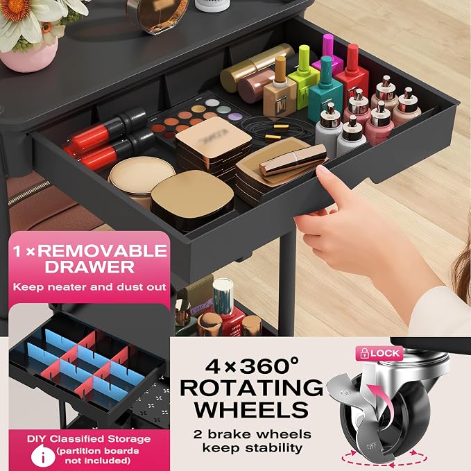 Goovilla Rolling Makeup Organizer Cart with Removable Drawer, 4 Tier Stable Black Floor Skincare Storage Cart for Vanity, Cosmetic Display, Nail Polish, Perfume, Hair Stuff, Beauty, Bathroom(Plastic)