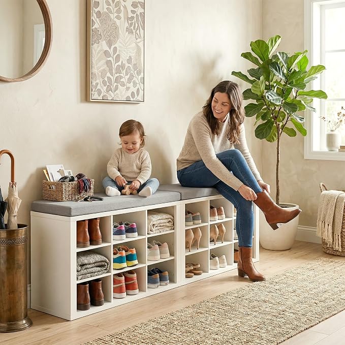 Shoe Rack Bench, Shoe Storage Bench with Cushion, Shoe Organizer 18 Cubbies for Entryway Hallway Bedroom Living Room, Holds Up to 400lbs