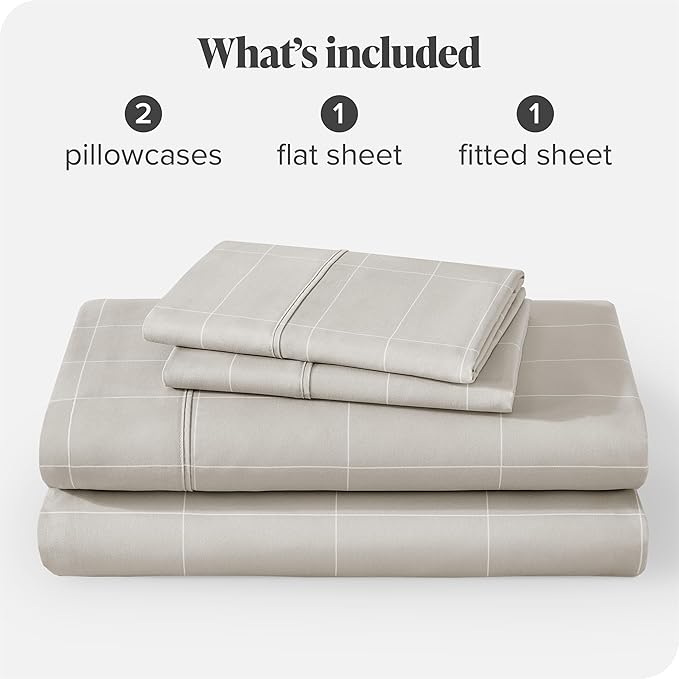 Bare Home Queen Sheet Set - Luxury 1800 Ultra-Soft Microfiber Bed Sheets - Double Brushed - Deep Pockets - Easy Fit - 4 Piece Set - Bedding Sheets & Pillowcases (Queen, Grid - Stone/White)