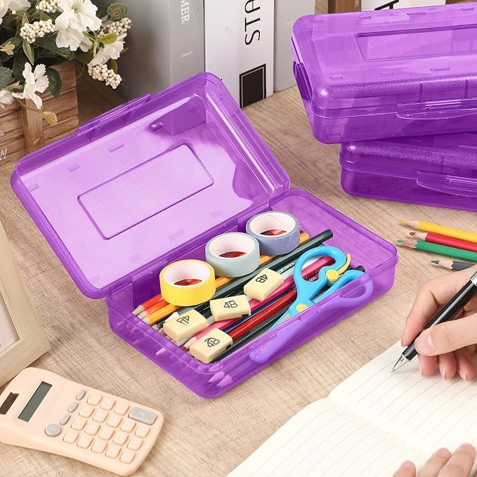 Blulu 6 Pack Large Plastic Pencil Case Box Clear Pencil Boxes Bulk Hard Crayon Box Storage with Snap Lids 8.1 x 4.7 x 2.2 Inch Painting Organizer Classroom Stationery School Supplies (Purple)