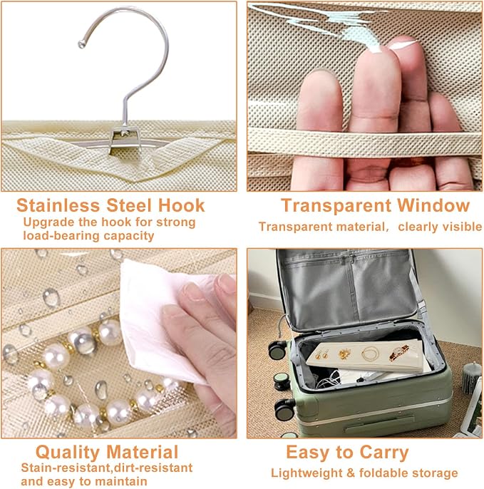 Hanging Jewelry Organizer, Beige, 80 Pocket | Double-Sided, For Earrings Necklace Bracelet, Clear PVC Window, For Closet, Door, Wall, Travel