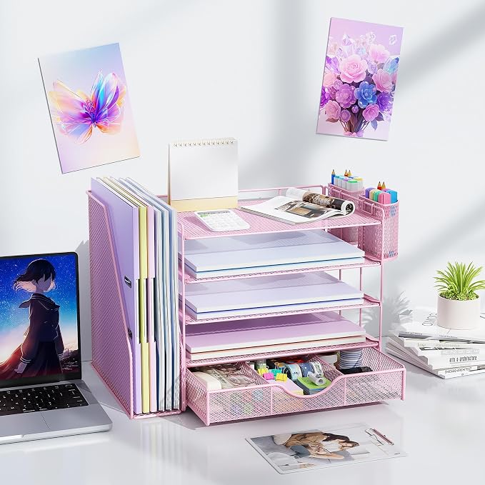 gianotter 5-Tier Desk Organizer with Drawers, File Holders, Letter Trays and Pen Holders - Workspace Accessories for Office Supplies (Pink)