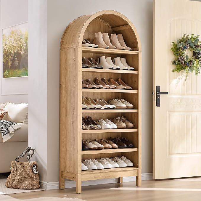 IFGET 71" Tall Arched Shoe Storage Cabinet, 7 Tiers 28 Pairs Wooden Shoe Rack with 3 Adjustable Shelves, Freestanding Shoe Closet Shelf Organizer for Entryway, Hallway, Living Room (Natural)
