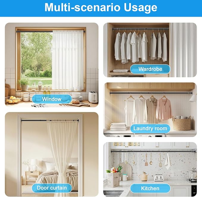 MEXAU 1 Pack Tension Curtain Rods 31-62 Inch,Adjustable Spring Tension Rods Black Shower Curtain Rod No Drilling for Window, Bathroom, Closet, Room Divider, 7/8" Diameter
