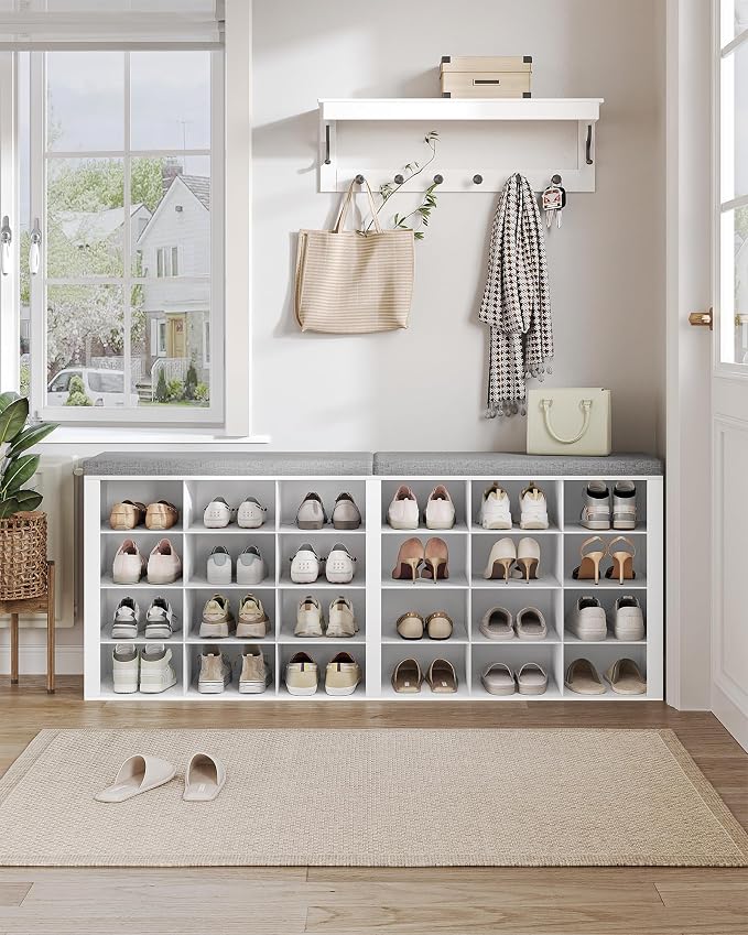 Hzuaneri Shoe Storage Bench with Cushion, Entryway Storage Bench with 24 Cubbies, 9.5" Widened Organizer Cabinet, Long Cubby Rack for Living Room, Bedroom, Entryway, White SB32403GY