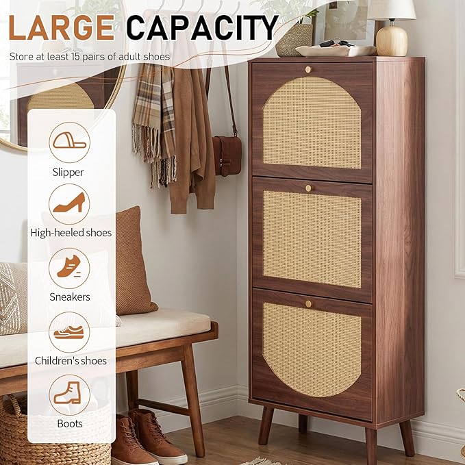 Karl home Brown Rattan Shoe Cabinet, 3-Tilt-Out Entryway Storage Organizer | Hidden Shoe Rack with 3 Tilt-Out Compartments for Heels, Slippers and Casual Shoes, Space Saving Entryway Furniture