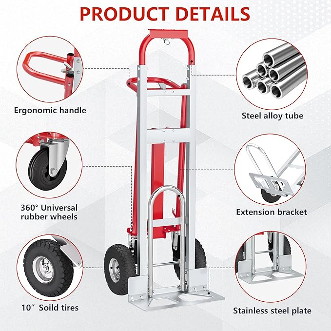 4 in 1 Convertible Hand Truck-1,000lb Heavy-Duty Folding Hand Truck Dolly Cart with Solid Wheel, 1000LBS Heavy Duty Steel Dolly for Logistics, Warehouse, Home, Office Moving, Delivery
