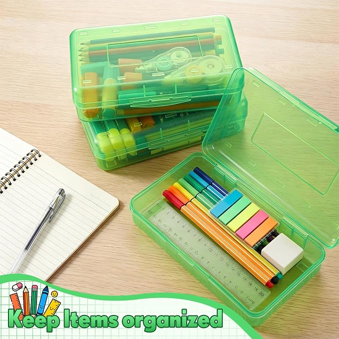 Blulu 6 Pack Large Plastic Pencil Case Box Clear Pencil Boxes Bulk Hard Crayon Box Storage with Snap Lids 8.1 x 4.7 x 2.2 Inch Painting Organizer Classroom Stationery School Supplies (Green)