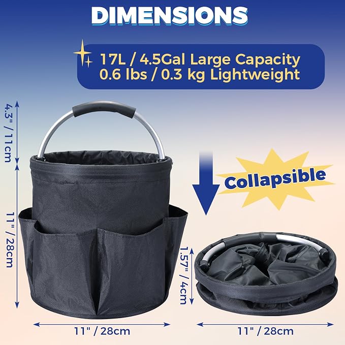NATGAI Cleaning Caddy with Handle, 17L Foldable Cleaning Supply Caddy, Portable Bucket Organizer with Pockets, Tote Bucket Organizer for Housekeeping, Garden Detailing Caddy, Cleaning Supplies Storage