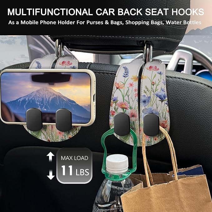 Blusabaca 2PCS Car Seat Headrest Hooks, Purses Bags Holder, Vibrant Floral | PU Leather, Double Metal Back Storage Hangers for Grocery Bags Handbags Bottles Coats Phones, Car Accessories Organization