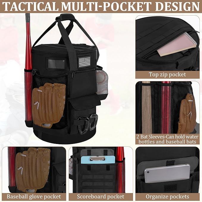 Baseball Bucket Bag, Tactical Style Softball Bucket Cover for 6 Gallon Bucket, Coaching Accessories Organizer with Multiple Pockets for Bat, Gloves, Scoreboard