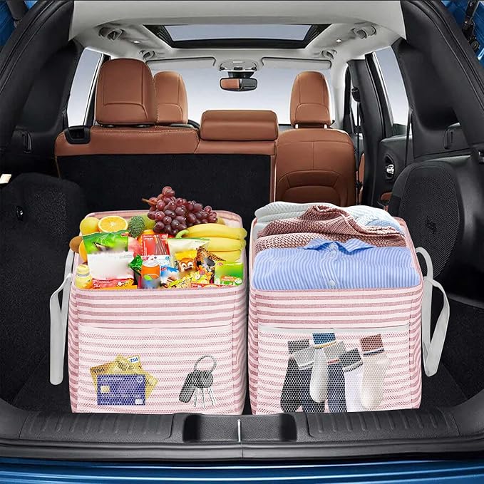 LHZK Standing Extra Large Utility Tote Bag with Metal Wire Frame and the Sides Rinforced, Extra Large Tote Bag with Handle, Reusable Grocery Bags Foldable, Beach Bag, Car Tote (Pink, 26''x15''x13'')