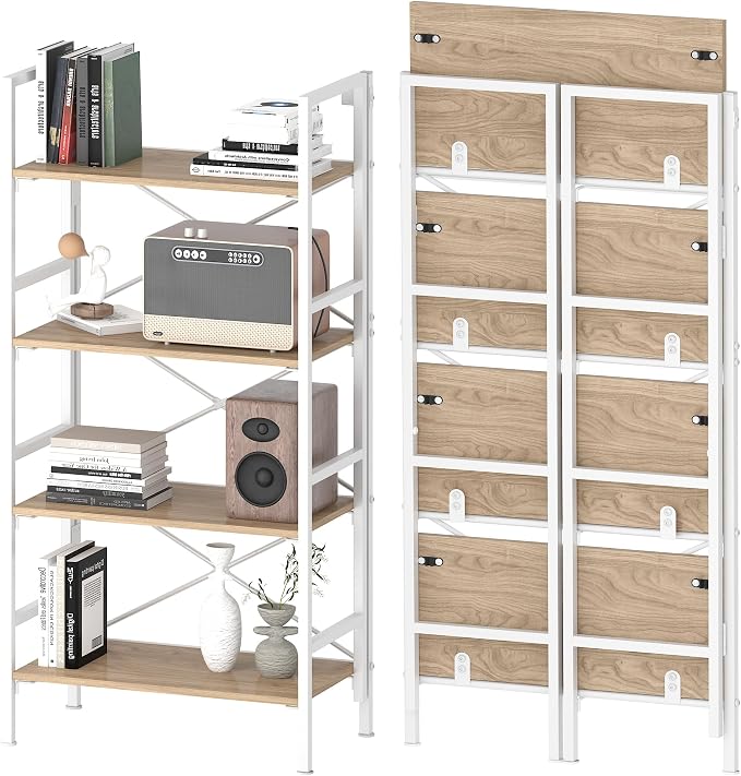 4 Tier Folding Bookshelf, Foldable Book Shelf, Industrial Metal Tall Bookcase, Etagere Book Shelf Storage Organizer for Living Room, Bedroom, and Home Office (Light Coffee, 4 Tier)