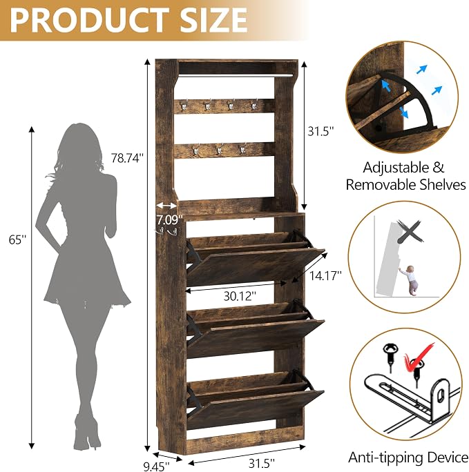 Wodeer Tall Shoe Cabinet with Coat Rack, Hidden Shoe Storage Cabinet with Doors & Drawer, Hanging Bar & Hooks, Slim Narrow Freestanding Shoe Rack Organizer for Entryway, Hallway & Living Room, Brown