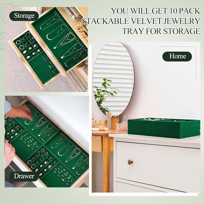 Cinnvoice Set of 10 Stackable Jewelry Organizer Trays for Drawer 14 Inch Velvet Jewelry Drawer Insert Display Storage with Removable Divider for Necklace Earring Ring Watch Bracelet (Dark Green)