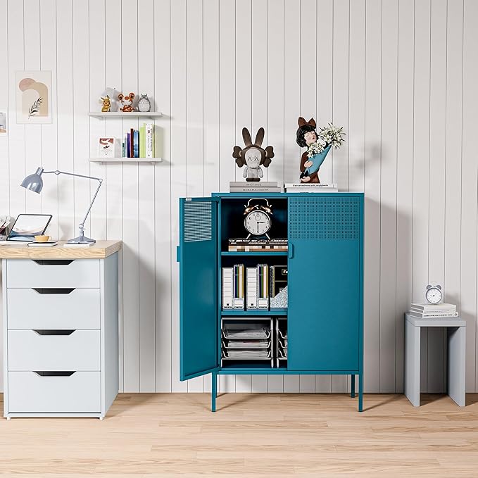 Washsemba 2 Mesh Door Metal Cabinet with Adjustable Shelves, Multipurpose Peacock Blue Storage Cabinet, 3-Tier,Metal Storage Cabinet for Office Home,Hallway(Peacock Blue, 47''H)