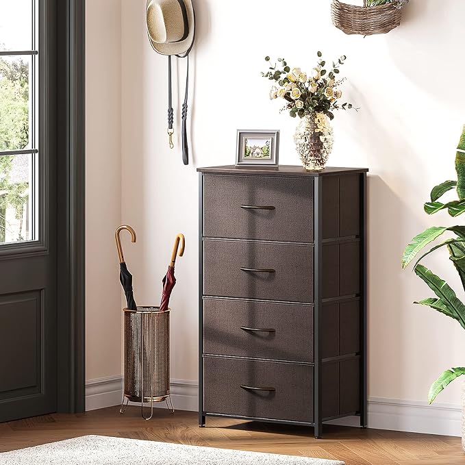 ODK Small Dresser for Bedroom with 4 Storage Drawers, Brown | Dresser Chest of Fabric Drawers with Sturdy Steel Frame for Small Space, Wood Top