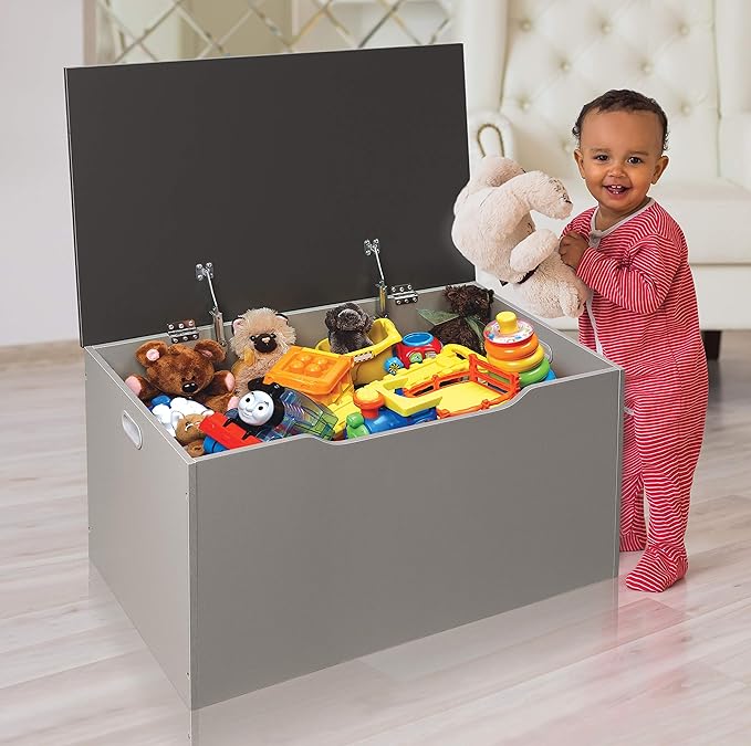 Badger Basket Flat-Top Toy Storage Chest in Grey with Charcoal Lid– Spacious, Safe Toy Box with Dual Safety Hinges and Anti-Pinch Slot