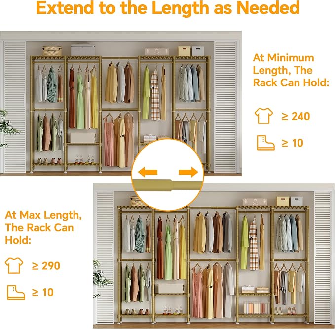 Higeego H5 Pro Heavy Duty Clothes Rack Wardrobe Closet for Hanging Clothes, Freestanding Garment Rack with Expandable Hanger Rods, Closet Organizer and Storage, (97.7-115.4")L x 15.7"W x 75.4"H, Gold