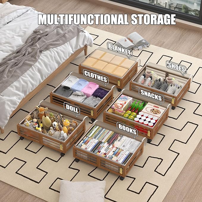 Underbed Storage with Wheels, 2 Pack Bamboo Containers for Shoes & Clothes | Dustproof bags protect contents. Stackable frames save space. 360° wheels provide smooth access to clothes, bedding and toys