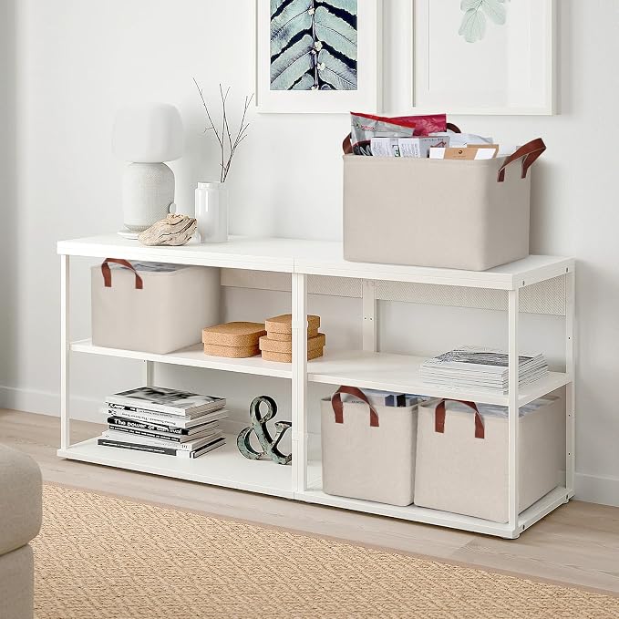 KEEGH Storage Baskets for Organizing Cube Storage 15 in, 4 Pack, Beige | Fabric Material, With Leather Handle, Closet Organization, Storage Bins for Living, Bedroom, Study