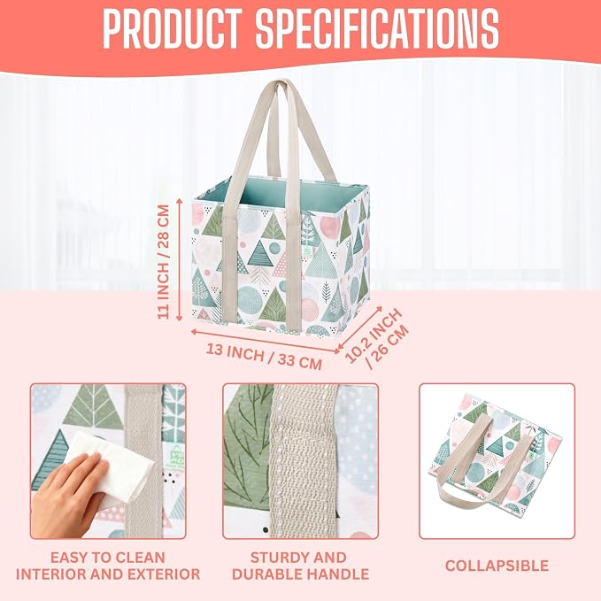 VENO 3 Pack Reusable Grocery Bags, Shopping Bags for Groceries, Tote with Handles and Hard Bottom, Foldable Shopping Cart Organizer, Water Resistant, Heavy-Duty (Pastel Forest, 6 Gallon)