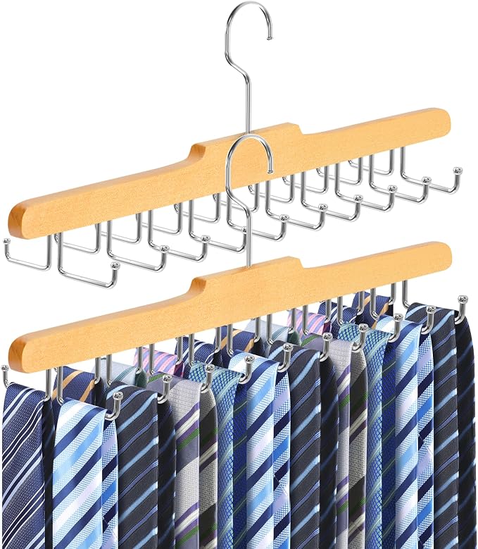 2PC Tie Rack Hanger for Closet, Upgraded Tie Holder Organizer for Men, Wood | Non Slip Neck Tie Organizer with 20 Foldable Hooks, Belt Hanger Space Saving, Fits for Tank Tops Bras Cami Scarves