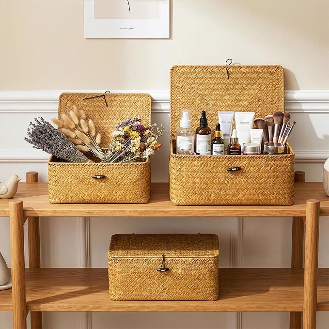 Yesland Small Shelf Baskets with Lid Set of 3, Compact Handwoven Seagrass Storage Bins Rectangular Wicker Basket for Shelf Organizer, Closet, Desktop