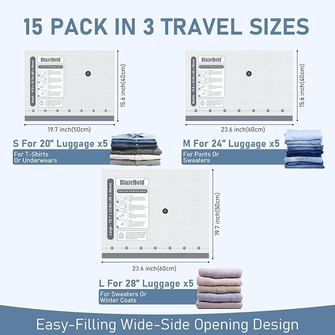 Travel Vacuum Storage Bags with Rechargeable Cordless Pump, 15 Pack 3 Sizes Compression Packing Bag Set for Luggage, Thickened Vacuum Seal Bags for Clothing, Triple-Zipper Sealer Upgrade