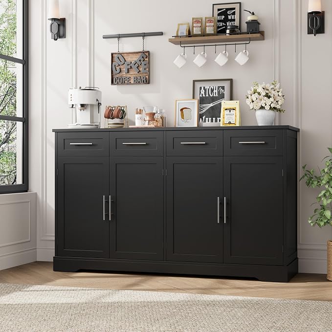 HOSTACK 60" W Sideboard Buffet Cabinet with Storage, Kitchen Cabinet, Black | 36" Tall Kitchen Buffet Storage Cabinet with 4 Drawers, Large Coffee Bar Cabinet, Modern Buffet Table for Dining Living Room