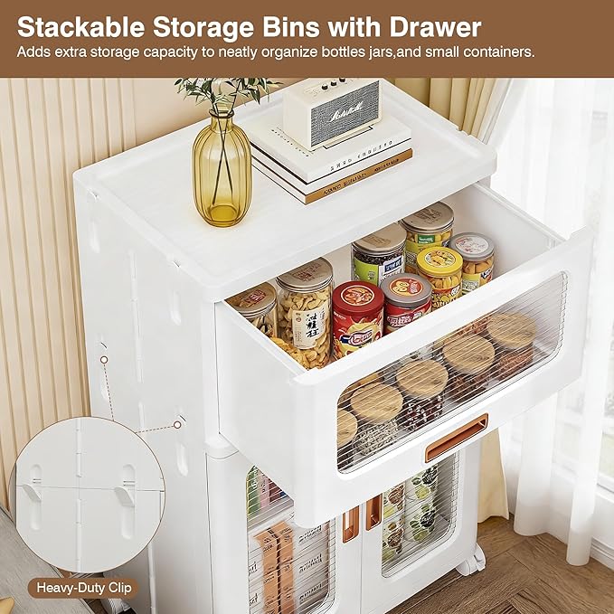 VECELO 2-Tier Stackable Storage Bins with Lids, Collapsible Bins with Drawer and Movable Wheels, Adjustable Shelves, Anti-Tip, for Bedroom, Living Room, Kitchen, White