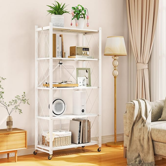 5-Tier Folding Metal Storage Rack - 63" Heavy-Duty Steel Frame with Wheels, No Assembly Utility Organizer, Rolling Shelving Unit for Kitchen, Garage, Pantry, Bedroom (White, 5 Tier)