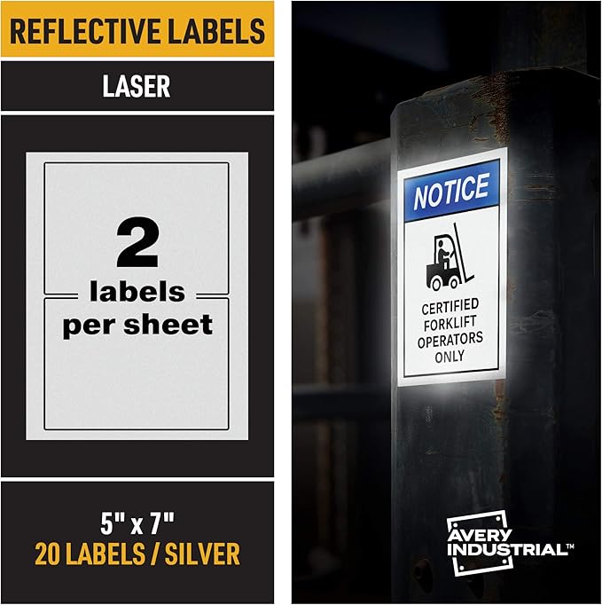 Avery Printable Reflective Stickers, 5" x 7", Silver Labels, 20 Blank Sign Decals (61583)