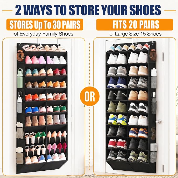 UVIAHOMI 20-30 Pairs Over the Door Shoe Organizer with Side Mesh Pockets, 10-Tier Hanging Shoe Storage for Closet, Breathable Door Shoe Rack Holds Sneakers, Boots, Heels & Daily Essentials, Black