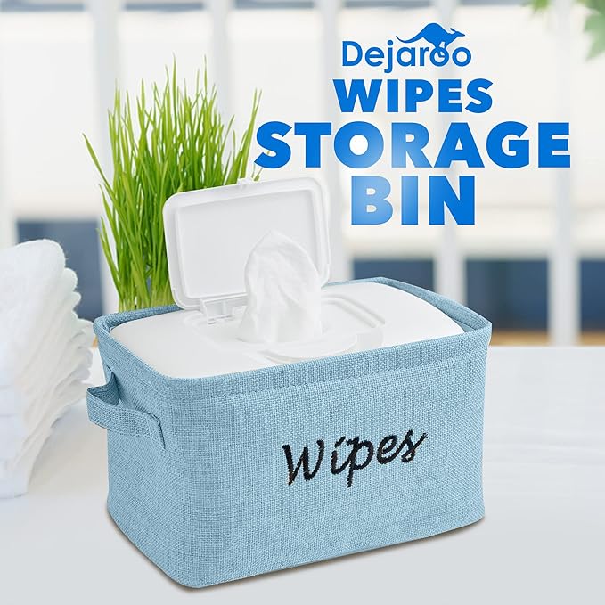 Dejaroo - Baskets for Organizing Wipes and Newborn Essentials, Diaper and Wipes Organizer, Embroidered Baby Shower Gifts for Moms, Linen Basket with Handle, 9 x 6 x 5.5 Inches, Blue