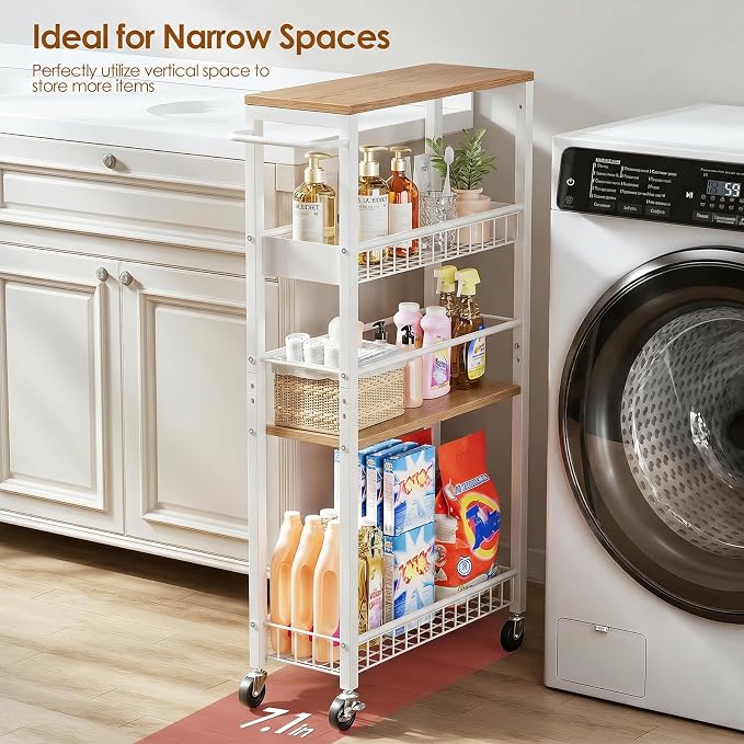 Slim Rolling Storage Cart, 4 Tier Narrow Storage Cart, 7.1in(W) | Metal Kitchen Rolling Cart for Small Spaces, Narrow Shelf for Kitchen, Laundry Room, Bathroom, Living Room
