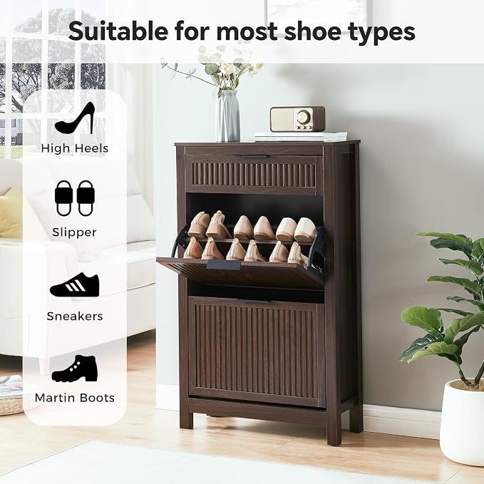 2 Flip Drawers Shoe Cabinet Storage for Entryway, Narrow Hidden Shoes Organizer for Front Door Entrance, Free Standing Shoes Cabinet Wooden Hallway Shoe Rack(Brown)